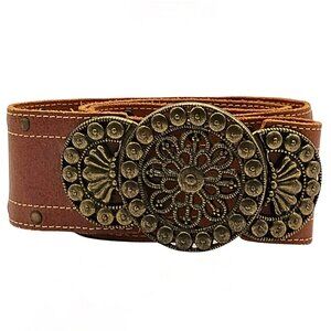 Y2K Womens Wide Leather Belt Size S/M Studded Boho Southwest Western Gold Buckle